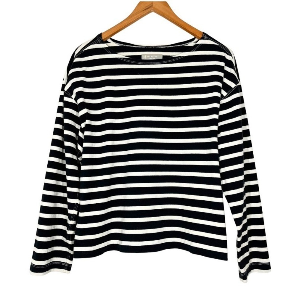 Everlane Organic Cotton Striped Long Sleeve Boat Neck Tee Black White L